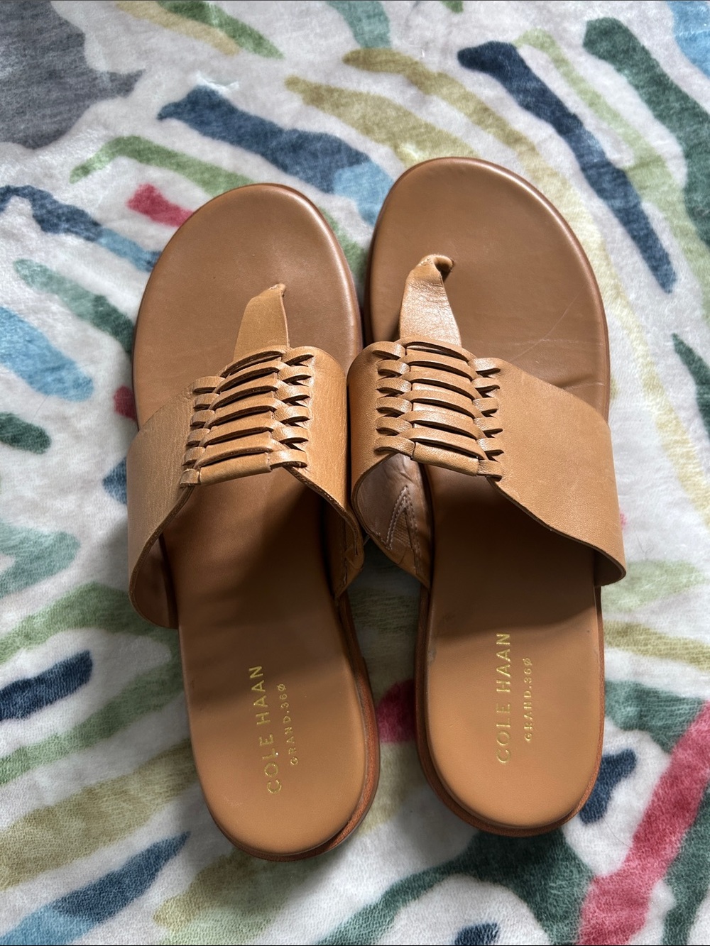 Cole Haan Tan Leather Woven Toe-Loop Slides